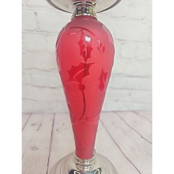 Christmas Pillar Candle Holder Ruby Red Etched Glass Holly Chrome Heavy Quality - Picture 3 of 5